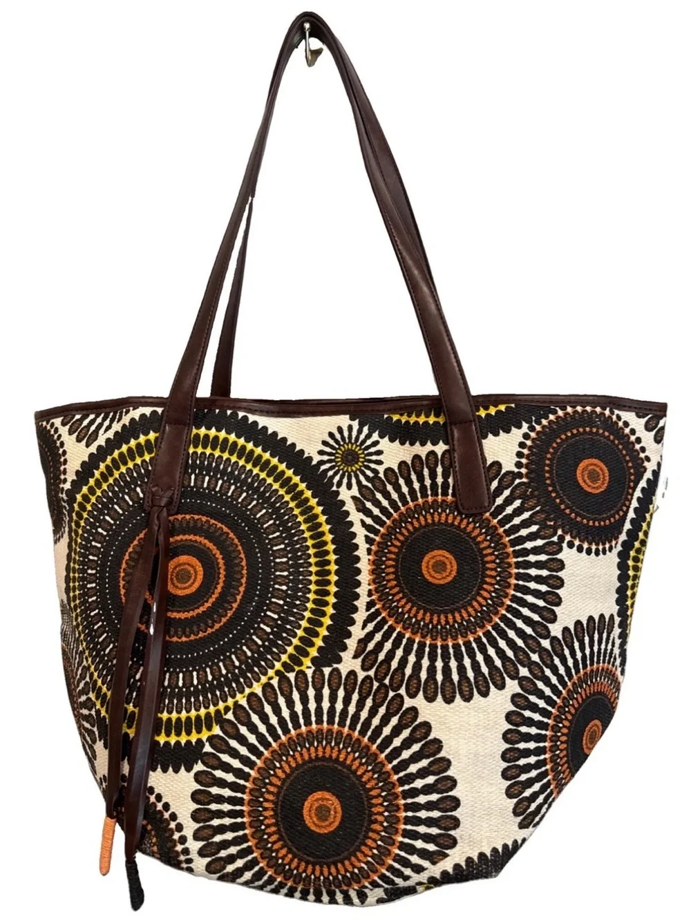 Neiman Marcus Large Straw Tote in Brown, Orange and Yellow Sunburst Print
